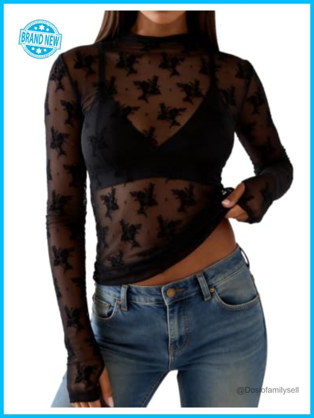 Sheer Floral Lace Mesh Long Sleeve Mock Neck Blouse Layering Top